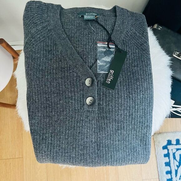 GRIFFEN Cashmere Ribbed Knit Cashmere Raglan Henley Sweater Top, Gray, Large NWT - Picture 6 of 10